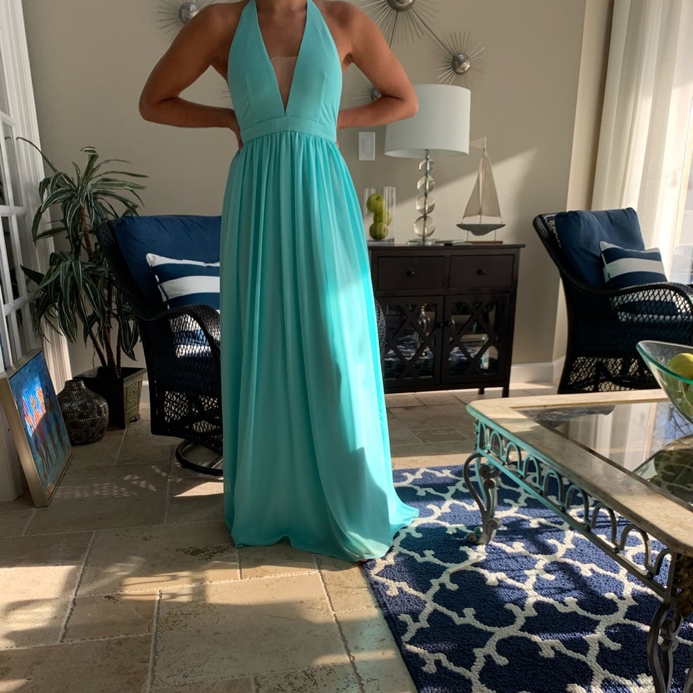 fame and partners light blue evening gown